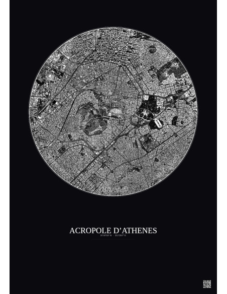 Affiche Acropole Dathenes – Poster vue satellite 2.5km N&B | Gravura – Fond foncé