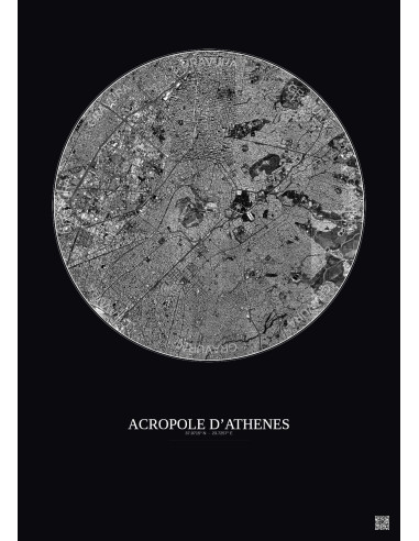 Affiche Acropole Dathenes – Poster vue satellite 5km N&B | Gravura – Fond foncé