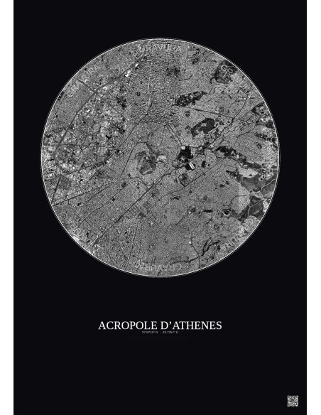 Affiche Acropole Dathenes – Poster vue satellite 5km N&B | Gravura – Fond foncé
