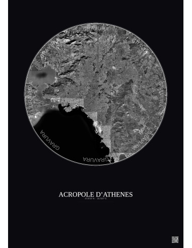 Affiche Acropole Dathenes – Poster vue satellite 20km N&B | Gravura – Fond foncé