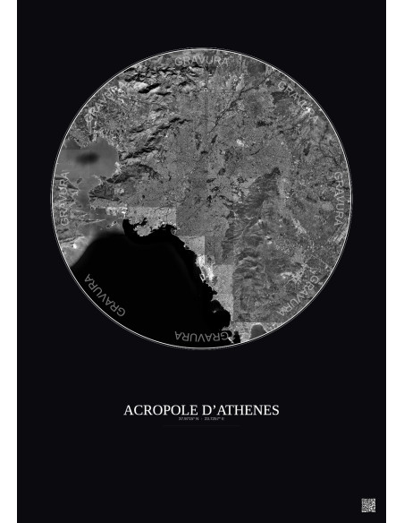 Affiche Acropole Dathenes – Poster vue satellite 20km N&B | Gravura – Fond foncé