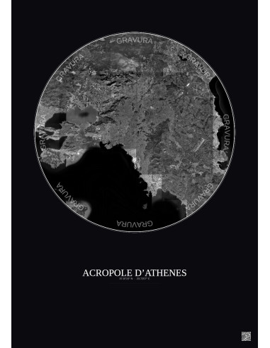 Affiche Acropole Dathenes – Poster vue satellite 30km N&B | Gravura – Fond foncé