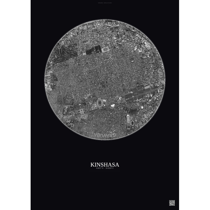 Affiche Kinshasa – Poster vue satellite 2.5km N&B | Gravura – Fond foncé