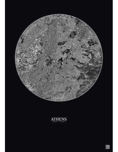Affiche Athens – Poster vue satellite 6km N&B | Gravura – Fond foncé