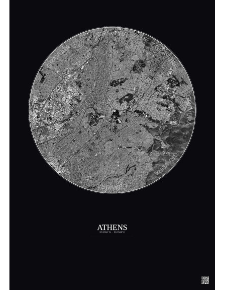 Affiche Athens – Poster vue satellite 6km N&B | Gravura – Fond foncé