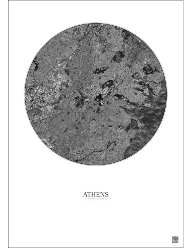 Athens Satellite View Poster 6km B&W | Gravura – Light background