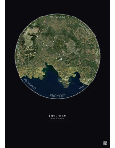 Affiche Delphes – Poster vue satellite 30km Couleur | Gravura – Fond foncé