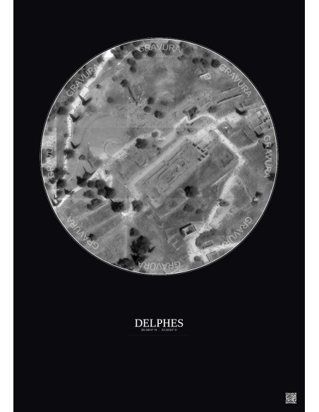 Affiche Delphes – Poster vue satellite 0.1km N&B | Gravura – Fond foncé
