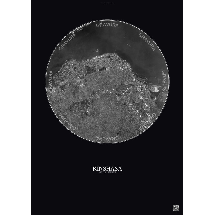 Affiche Kinshasa – Poster vue satellite 6km N&B | Gravura – Fond foncé