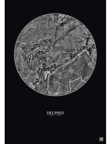 Delphes Satellite View Poster 0.5km B&W | Gravura – Dark background