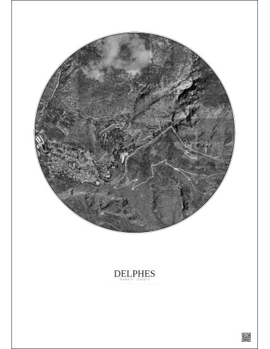 Delphes Satellite View Poster 1km B&W | Gravura – Light background