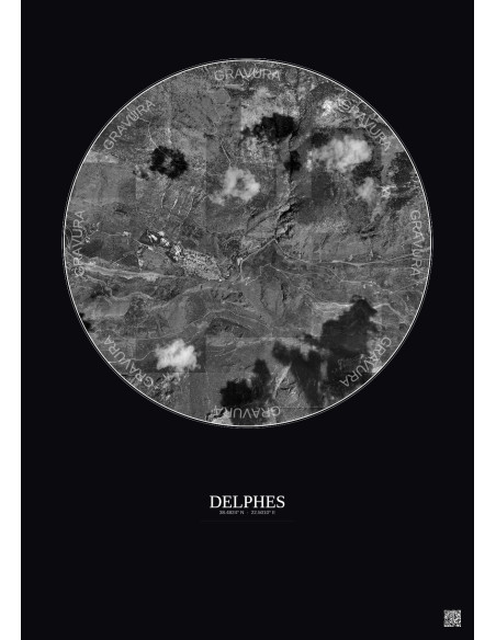 Delphes Satellite View Poster 2.5km B&W | Gravura – Dark background