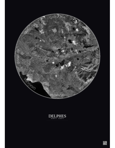Delphes Satellite View Poster 10km B&W | Gravura – Dark background