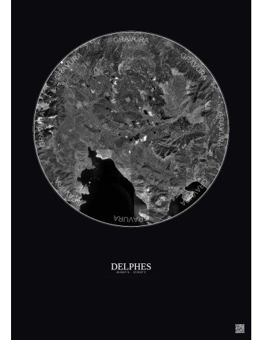 Delphes Satellite View Poster 20km B&W | Gravura – Dark background
