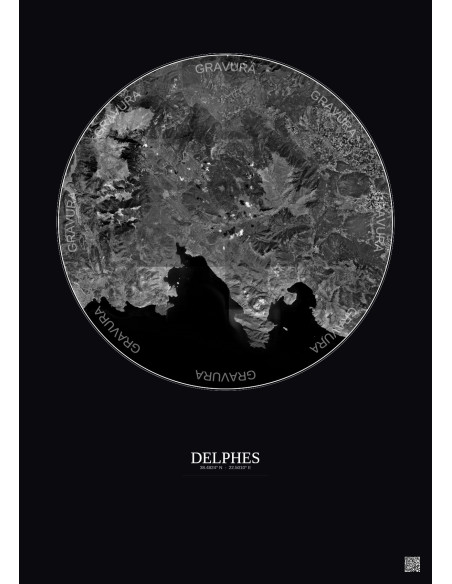 Affiche Delphes – Poster vue satellite 30km N&B | Gravura – Fond foncé