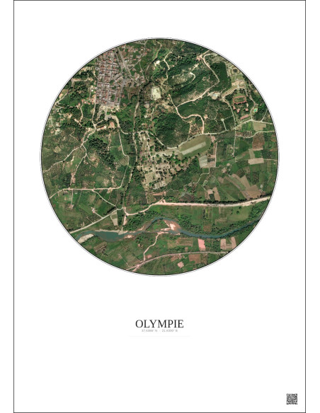 Affiche Olympie – Poster vue satellite 1km Couleur | Gravura – Fond clair