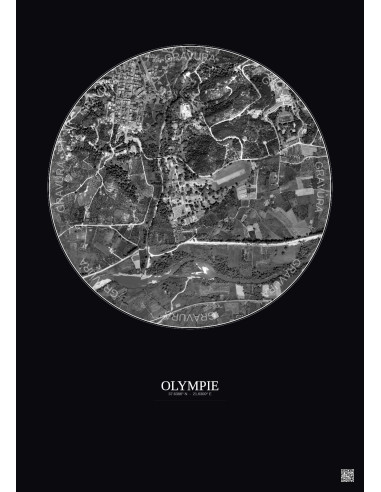 Affiche Olympie – Poster vue satellite 1km N&B | Gravura – Fond foncé