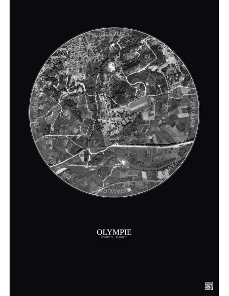 Affiche Olympie – Poster vue satellite 1km N&B | Gravura – Fond foncé