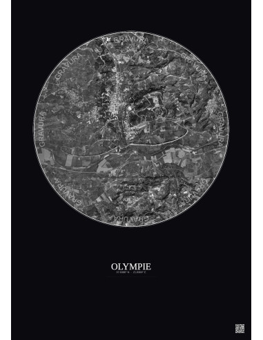 Affiche Olympie – Poster vue satellite 2.5km N&B | Gravura – Fond foncé