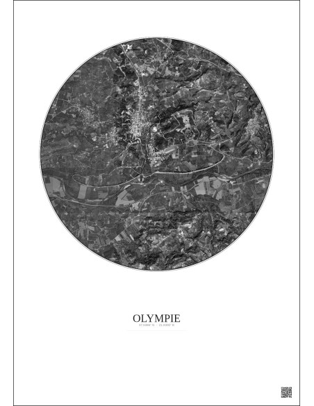 Affiche Olympie – Poster vue satellite 2.5km N&B | Gravura – Fond clair