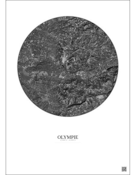 Affiche Olympie – Poster vue satellite 5km N&B | Gravura – Fond clair