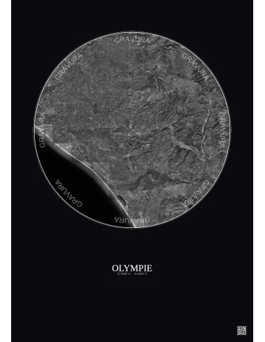 Affiche Olympie – Poster vue satellite 20km N&B | Gravura – Fond foncé