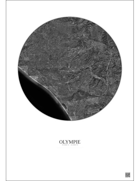 Affiche Olympie – Poster vue satellite 20km N&B | Gravura – Fond clair