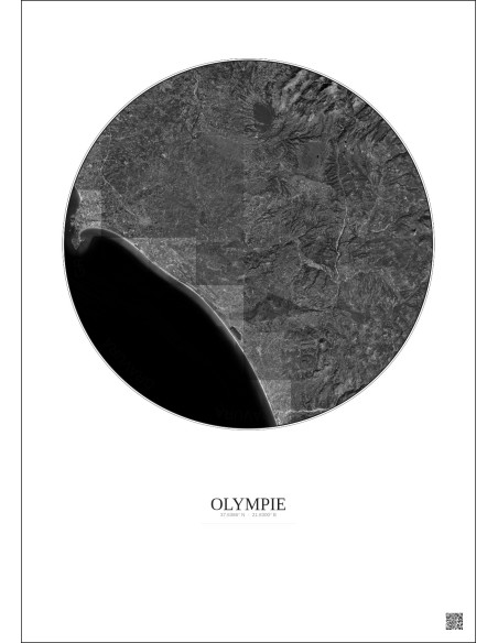 Affiche Olympie – Poster vue satellite 30km N&B | Gravura – Fond clair
