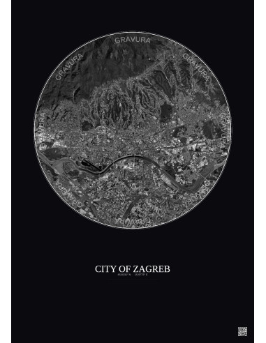 City Of Zagreb Satellite View Poster 10km B&W | Gravura – Dark background