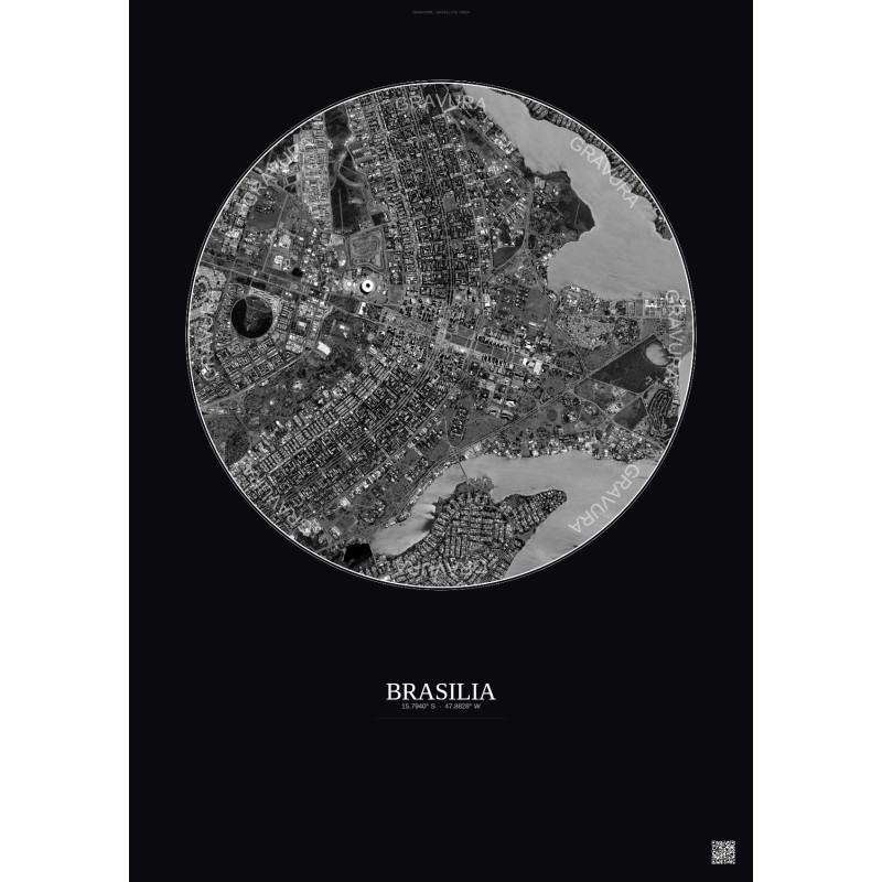 Affiche Brasilia – Poster vue satellite 6km N&B | Gravura – Fond foncé