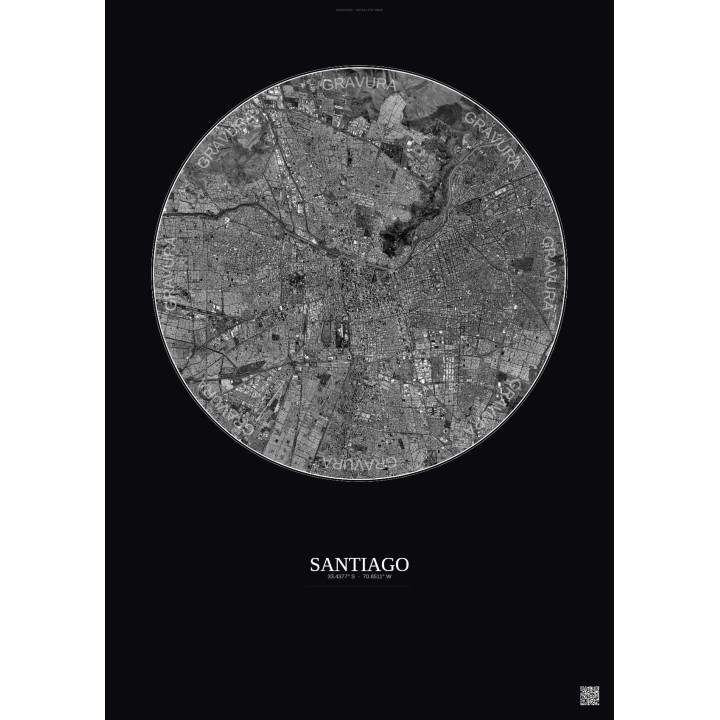 Affiche Santiago – Poster vue satellite 10km N&B | Gravura – Fond foncé