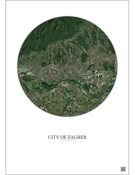 City Of Zagreb Satellite View Poster 10km Color | Gravura – Light background