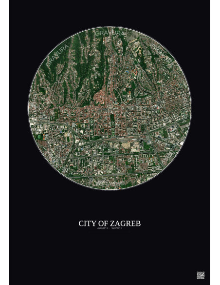 Affiche City Of Zagreb – Poster vue satellite 2.5km Couleur | Gravura – Fond foncé