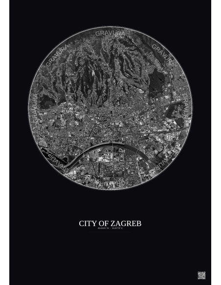 City Of Zagreb Satellite View Poster 6km B&W | Gravura – Dark background