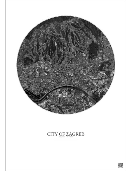 Affiche City Of Zagreb – Poster vue satellite 6km N&B | Gravura – Fond clair