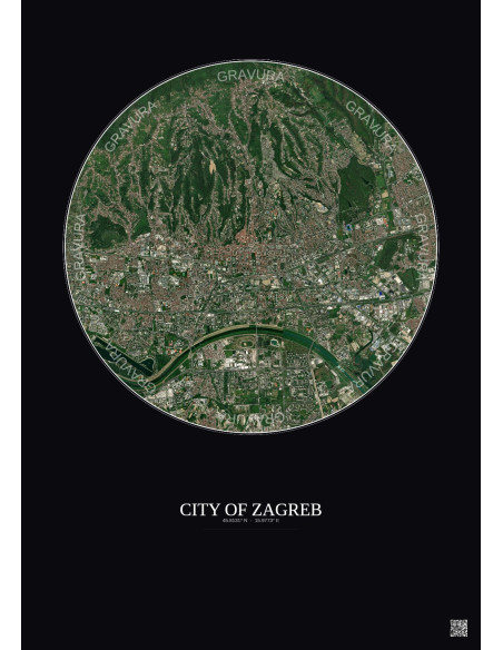 City Of Zagreb Satellite View Poster 6km Color | Gravura – Dark background