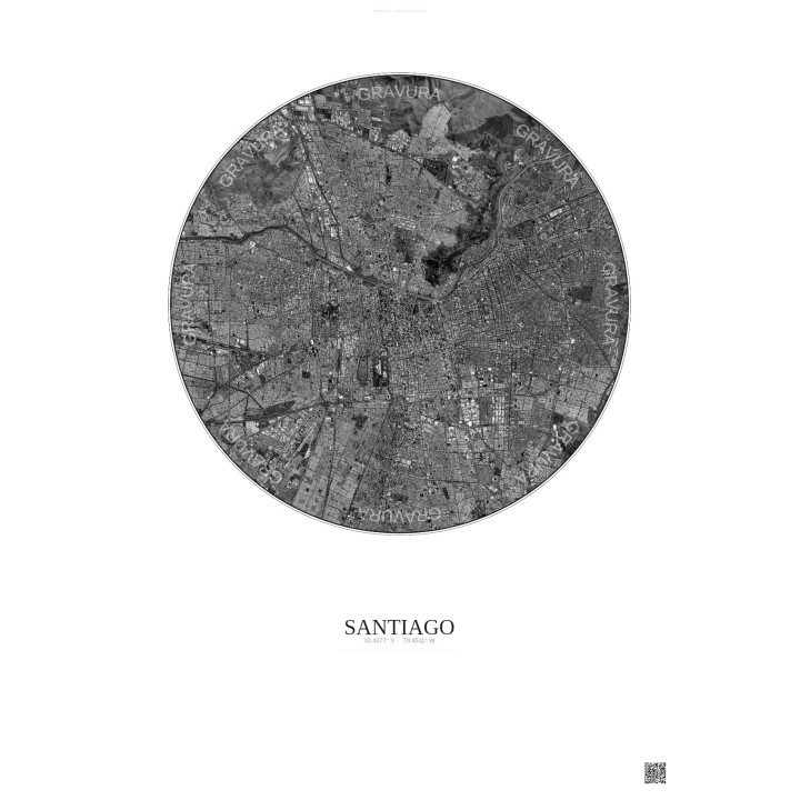 Affiche Santiago – Poster vue satellite 10km N&B | Gravura – Fond clair