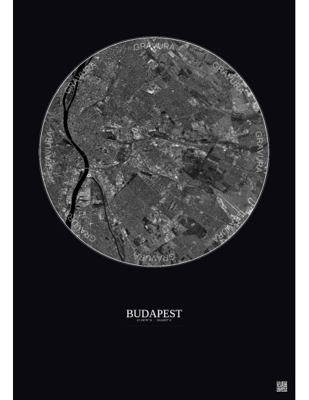Affiche Budapest – Poster vue satellite 10km N&B | Gravura – Fond foncé