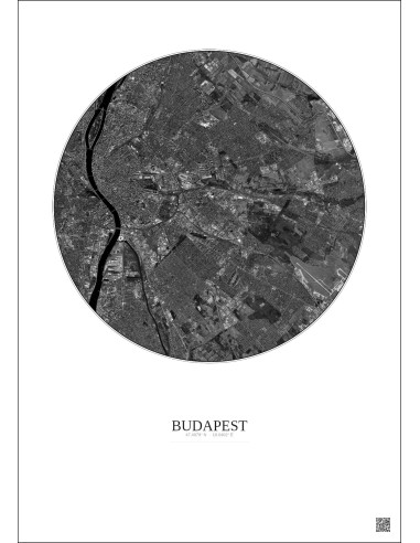 Affiche Budapest – Poster vue satellite 10km N&B | Gravura – Fond clair