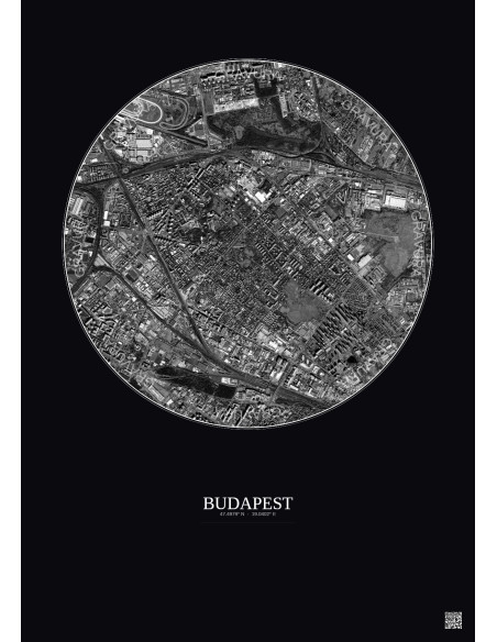 Affiche Budapest – Poster vue satellite 2.5km N&B | Gravura – Fond foncé