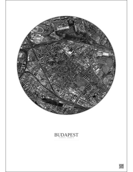 Affiche Budapest – Poster vue satellite 2.5km N&B | Gravura – Fond clair