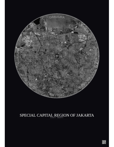 Special Capital Region Of Jakarta Satellite View Poster 10km B&W | Gravura – Dark background
