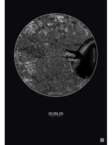 Dublin Satellite View Poster 10km B&W | Gravura – Dark background