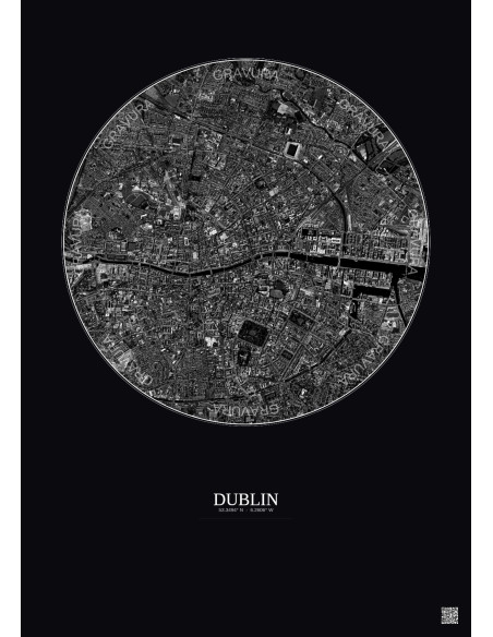 Affiche Dublin – Poster vue satellite 2.5km N&B | Gravura – Fond foncé