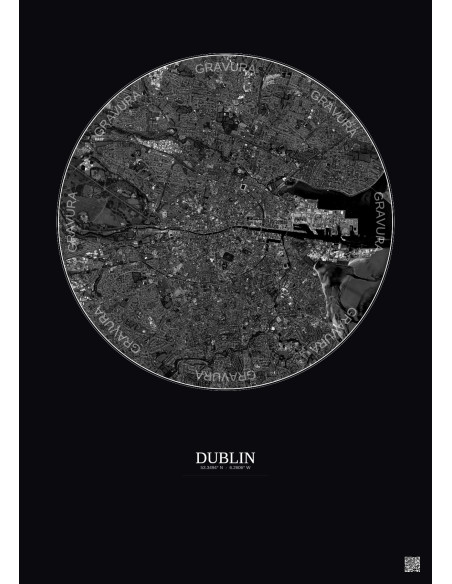 Dublin Satellite View Poster 6km B&W | Gravura – Dark background