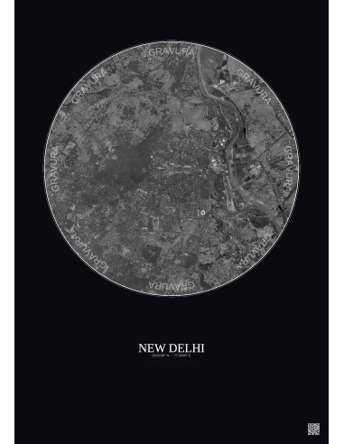 Affiche New Delhi – Poster vue satellite 10km N&B | Gravura – Fond foncé