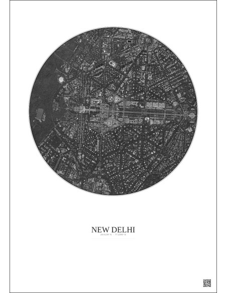 Affiche New Delhi – Poster vue satellite 2.5km N&B | Gravura – Fond clair