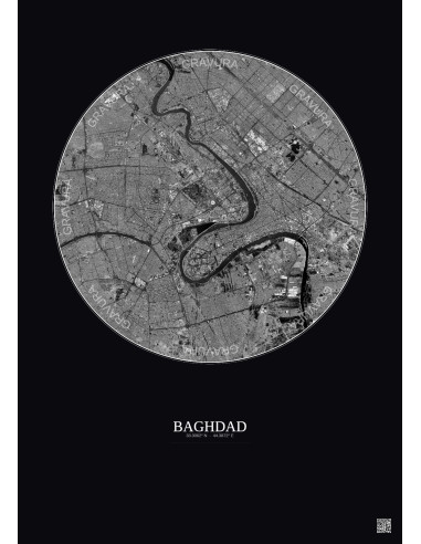 Affiche Baghdad – Poster vue satellite 10km N&B | Gravura – Fond foncé