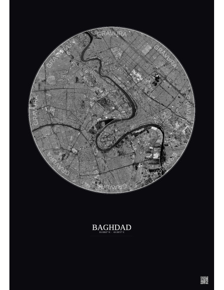 Affiche Baghdad – Poster vue satellite 10km N&B | Gravura – Fond foncé