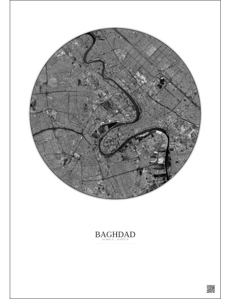 Affiche Baghdad – Poster vue satellite 10km N&B | Gravura – Fond clair